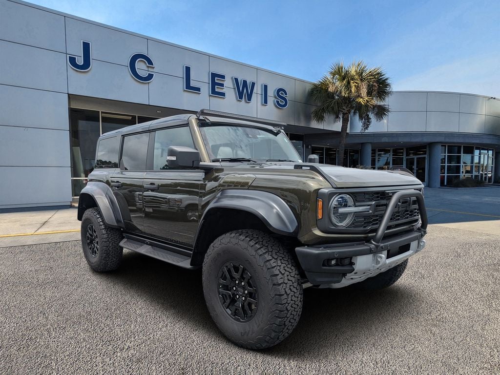 2024 Ford Bronco Raptor in Shelter Green Metallic — front three-quarter view