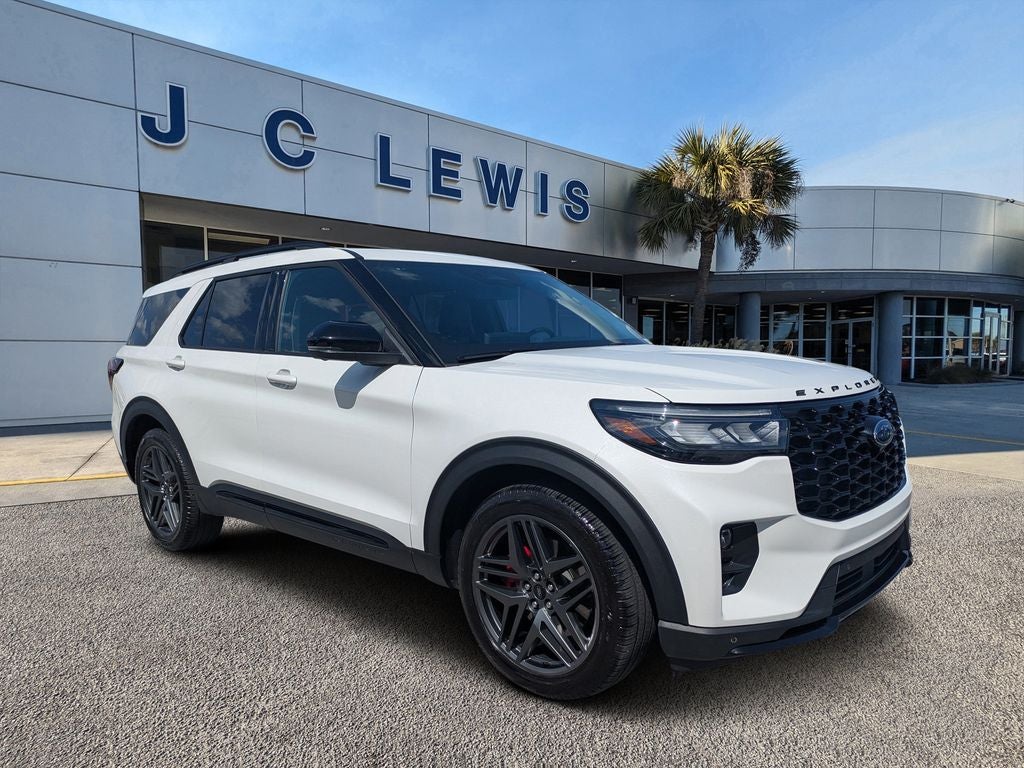 2025 Ford Explorer ST in Star White Metallic Tri-Coat — front three-quarter view