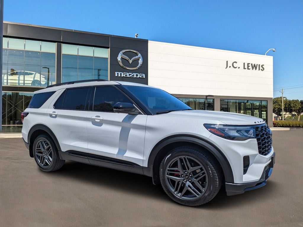 2025 Ford Explorer ST in Star White Metallic Tri-Coat — front three-quarter view