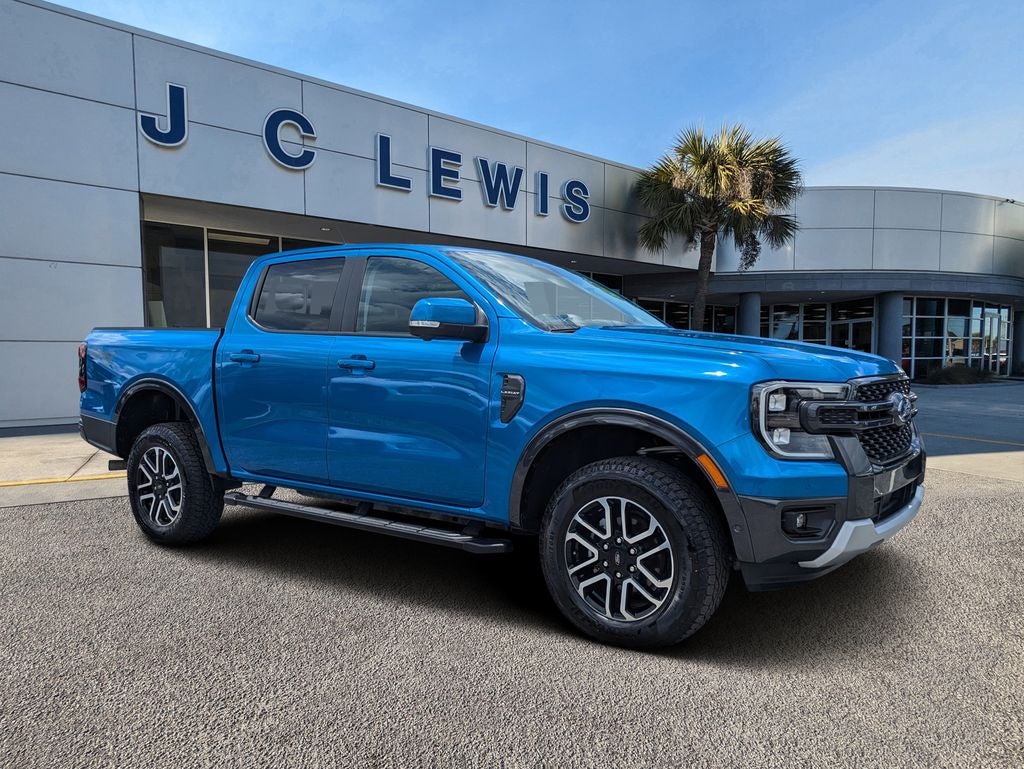 2024 Ford Ranger Lariat in Velocity Blue Metallic — front three-quarter view